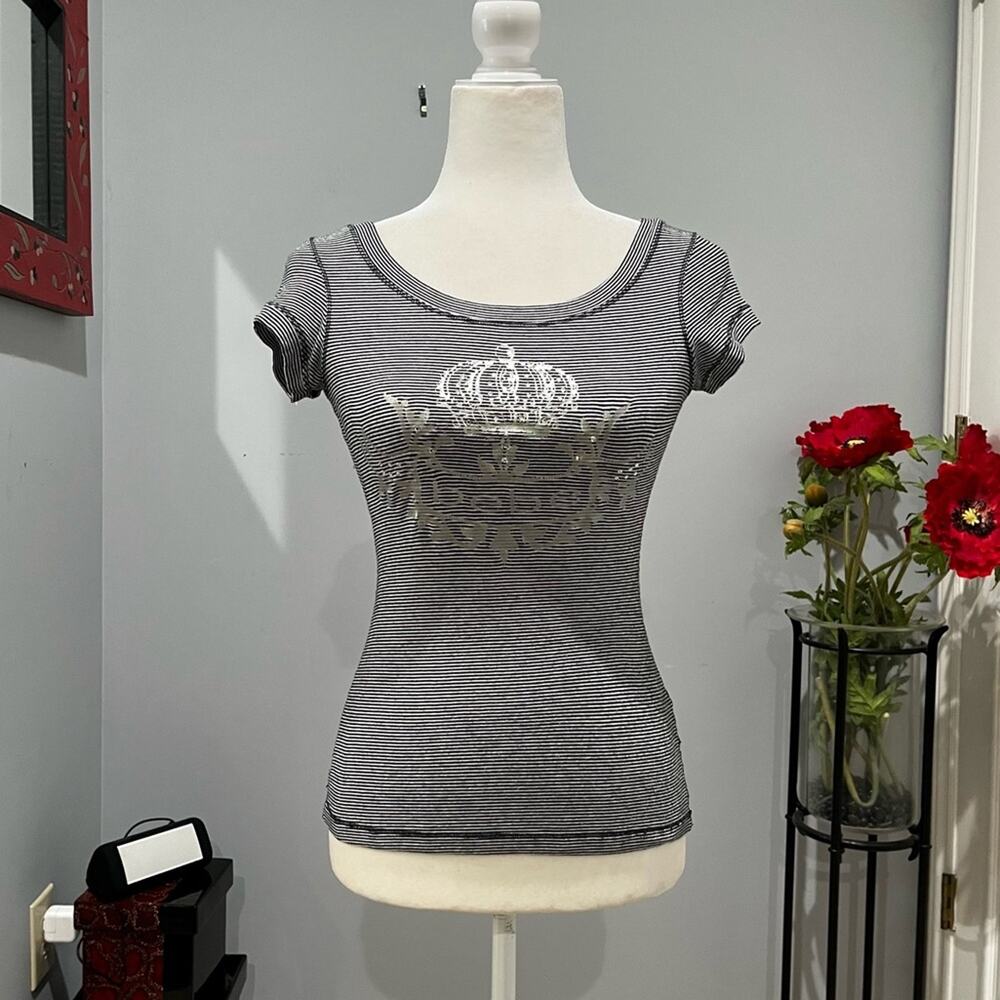 Bebe Striped Logo Foil Crown Fitted Short Sleeve Raw Edge Bling Tee T-Shirt S